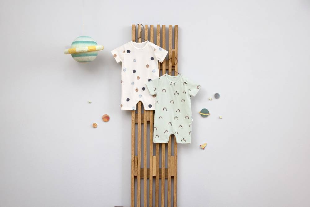 Lässig Baby Schlafoverall - Bio Baumwolle, Regenbogen, Mint Flash Sale