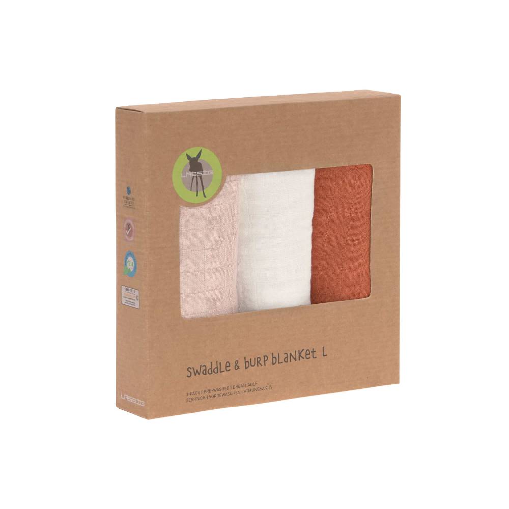 Lässig Mulltücher (3 Stk) - Swaddle & Burp Blanket L, Powder Pink Milky Rust Begrenzt auf 3 Tage
