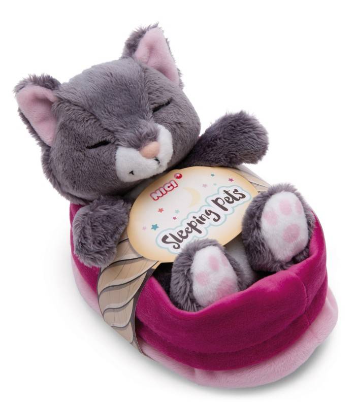 NICI Kuscheltier Sleeping Pets graue Katze 12cm im rosa Körbchen NICI GREEN