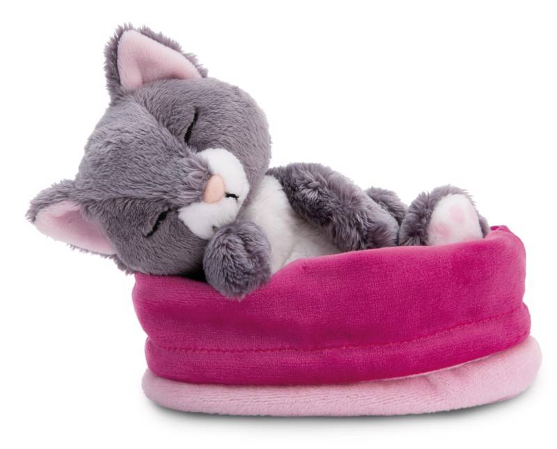 NICI Kuscheltier Sleeping Pets graue Katze 12cm im rosa Körbchen NICI GREEN Vierteljährliche Förderung