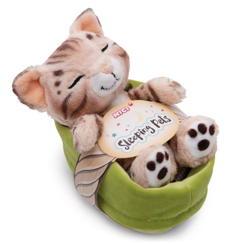 NICI Kuscheltier Sleeping Pets Bengal Katze 12cm im hellgrünen Körbchen NICI GREEN