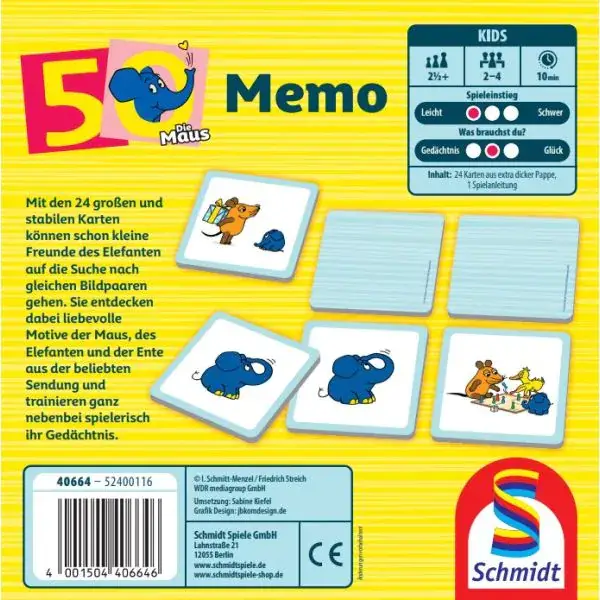 Schmidt Spiele Die Maus: Elefanten-Memo, 50. Geburtstag, Kinderspiel Kauf eins, bekomm eins gratis