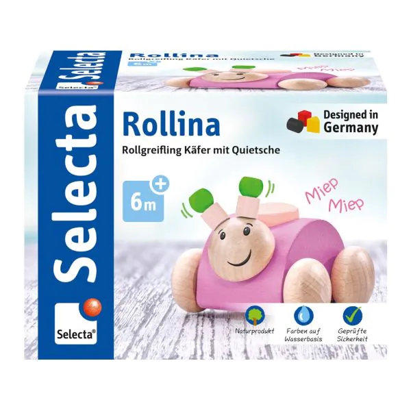 Schmidt Spiele Rollina, Rollgreifling Käfer mit Quietsche aus Holz, Rosa, 7,5 cm Fabrikverkauf