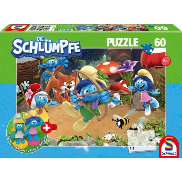 Schmidt Spiele Die Schlümpfe: Azrael in Schlumpfhausen, 60 Teile Kinderpuzzle mit Add-on