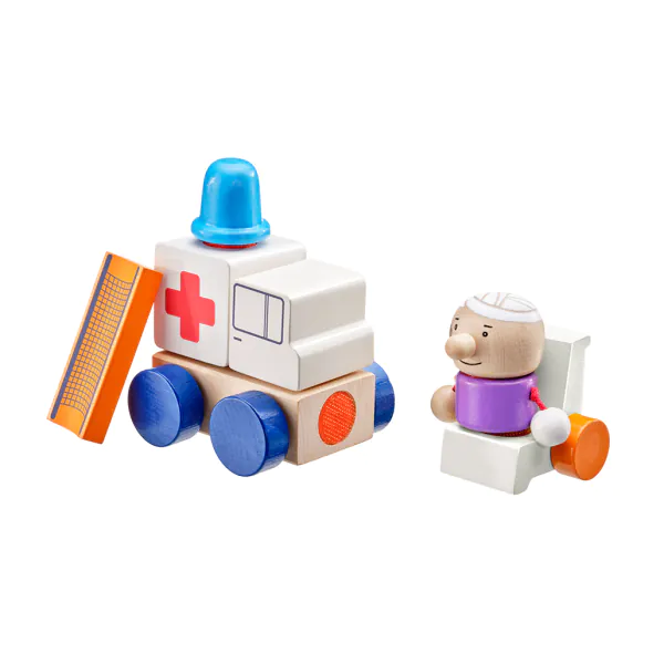 Schmidt Spiele Klettini® Krankenwagen, Klett-Stapelspielzeug aus Holz, 7 Teile zollfrei