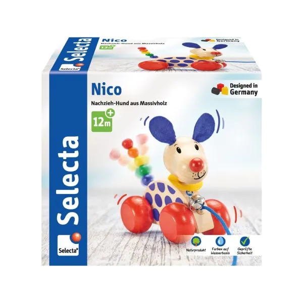 Schmidt Spiele Nico-Nachzieh-Hund, Schiebe-und Nachziehspielzeug aus Holz, 12 cm Letzte 2 Tage