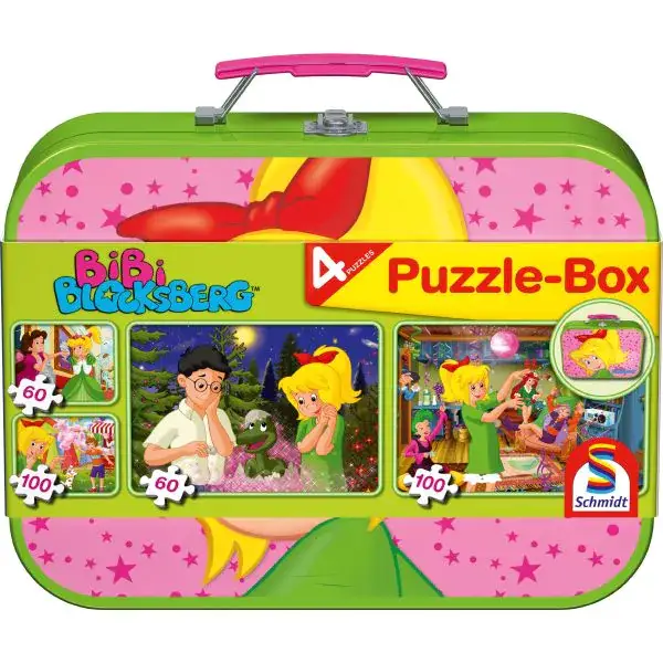 Schmidt Spiele Puzzle-Box: Bibi Blocksberg im Metallkoffer mit 4 Kinderpuzzles mit 4 Kinderpuzzle (2 x 60 Teile & 2 x 100 Teile) zollfrei
