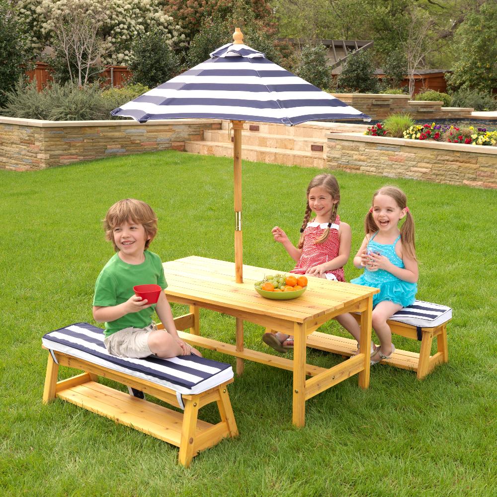 babymarkt Kinder Gartengarnitur mit Bänken Kissen und Sonnenschirm marineblau Fabrik Onlineshop