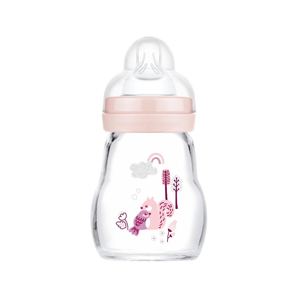 babymarkt Glasflasche Feel Good blau 170 ml ab 0 Monaten Vogel/Eichhörnchen in rosa