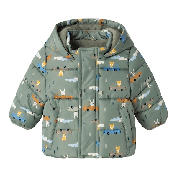babywalz NAME ITSteppjacke mit Kapuze Tiere Autos grün/bunt