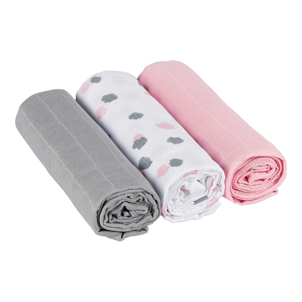 babywalz Bornino - BASICS3er-Pack Mullwindeln 80x80 cm rosa/grau/weiß Vatertagsangebot