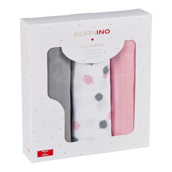 babywalz Bornino - BASICS3er-Pack Mullwindeln 80x80 cm rosa/grau/weiß Vatertagsangebot