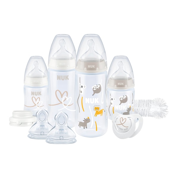 babywalz NUK9-tlg. Babyflaschen-Set First Choice Plus Temperature Control Anti-Kolik-Weithals 150-300ml 0-6M weiß / beige