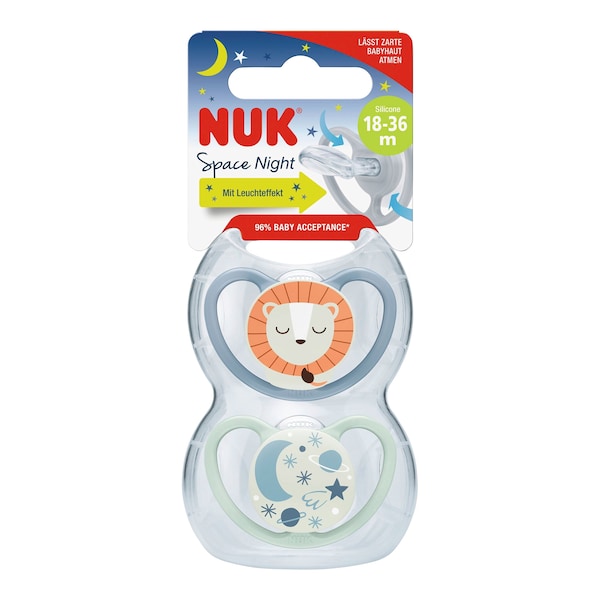 babywalz NUK2er-Pack Schnuller Space Night Silikon 18-36M Löwe / Sterne Fabrik Onlineshop