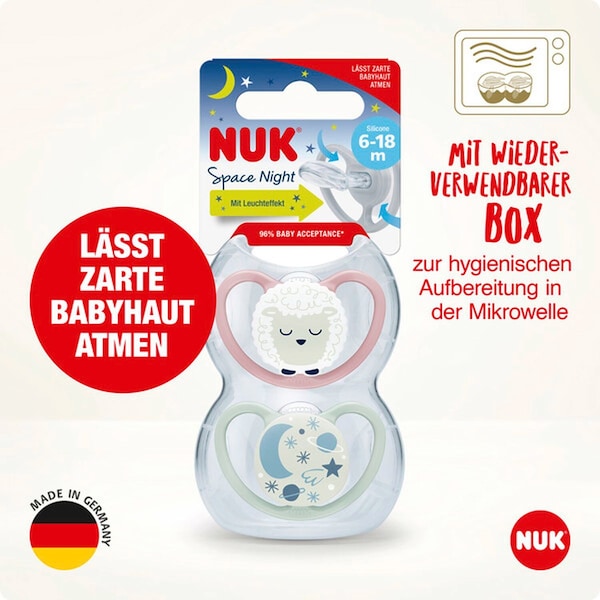 babywalz NUK2er-Pack Schnuller Space Night Silikon 18-36M Löwe / Sterne Fabrik Onlineshop