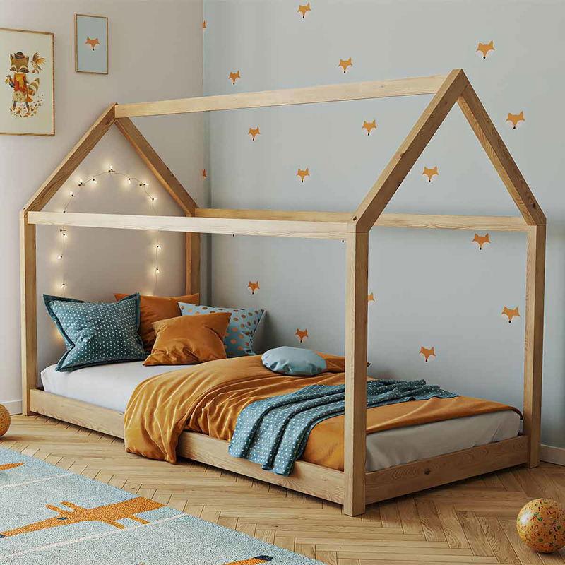 babyonlineshop Artkid Haley Natur Montessori Hausbett Bodenbett 90x200 inkl. Lattenrost Kiefer