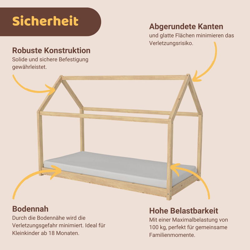 babyonlineshop Artkid Haley Natur Montessori Hausbett Bodenbett 90x200 inkl. Lattenrost Kiefer Saisonale Angebote