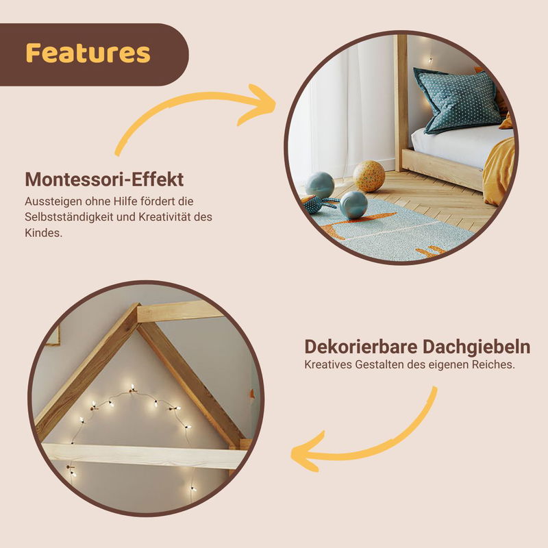 babyonlineshop Artkid Haley Natur Montessori Hausbett Bodenbett 90x200 inkl. Lattenrost Kiefer Saisonale Angebote