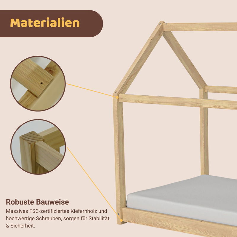 babyonlineshop Artkid Haley Natur Montessori Hausbett Bodenbett 90x200 inkl. Lattenrost Kiefer Saisonale Angebote
