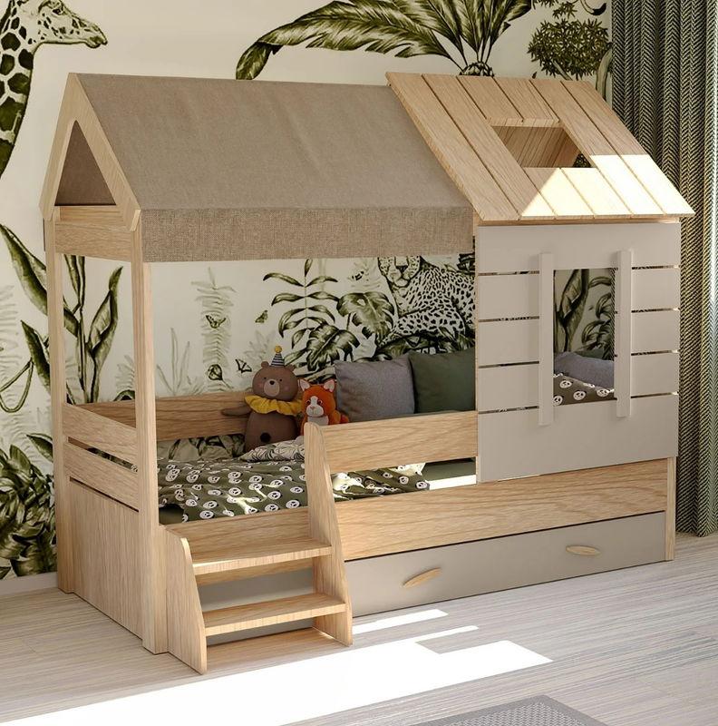 babyonlineshop Nature Kid My House Hausbett natur 90 x 200 cm inkl. Stoffdach und Bettkasten