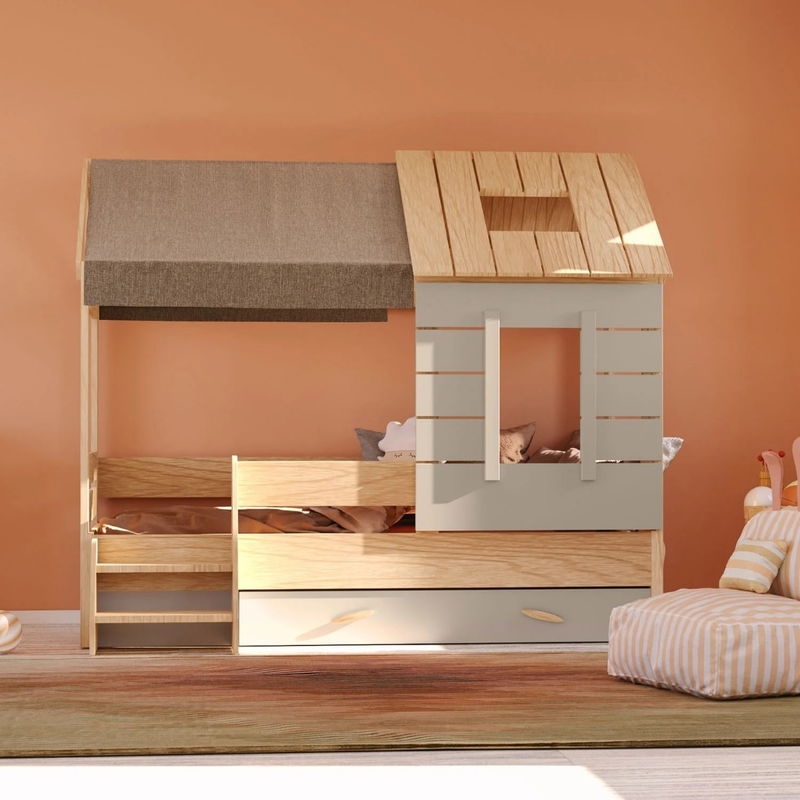 babyonlineshop Nature Kid My House Hausbett natur 90 x 200 cm inkl. Stoffdach und Bettkasten Bis zu 65% Rabatt