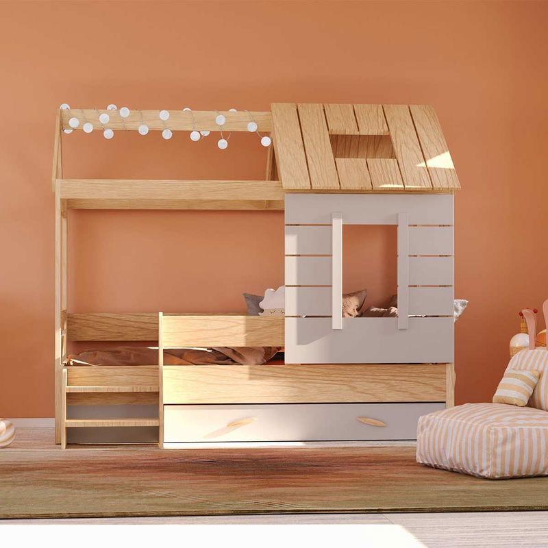 babyonlineshop Nature Kid My House Hausbett natur 90 x 200 cm inkl. Stoffdach und Bettkasten Bis zu 65% Rabatt
