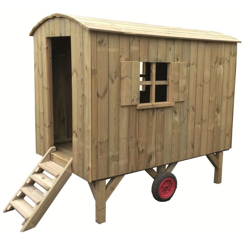babyonlineshop Müller & Herber Bauwagen für Kinder mit Treppe & Sitzbank Kiefernholz