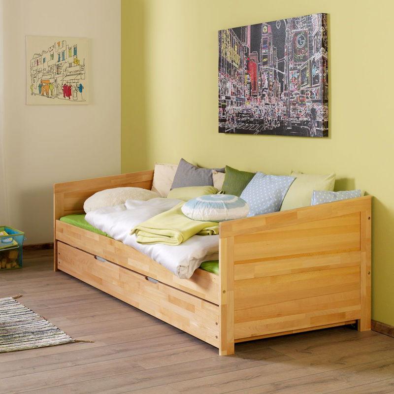 babyonlineshop Relita NINA Einzelbett Buche massiv Natur 90 x 200 cm inkl. Ausziehbett