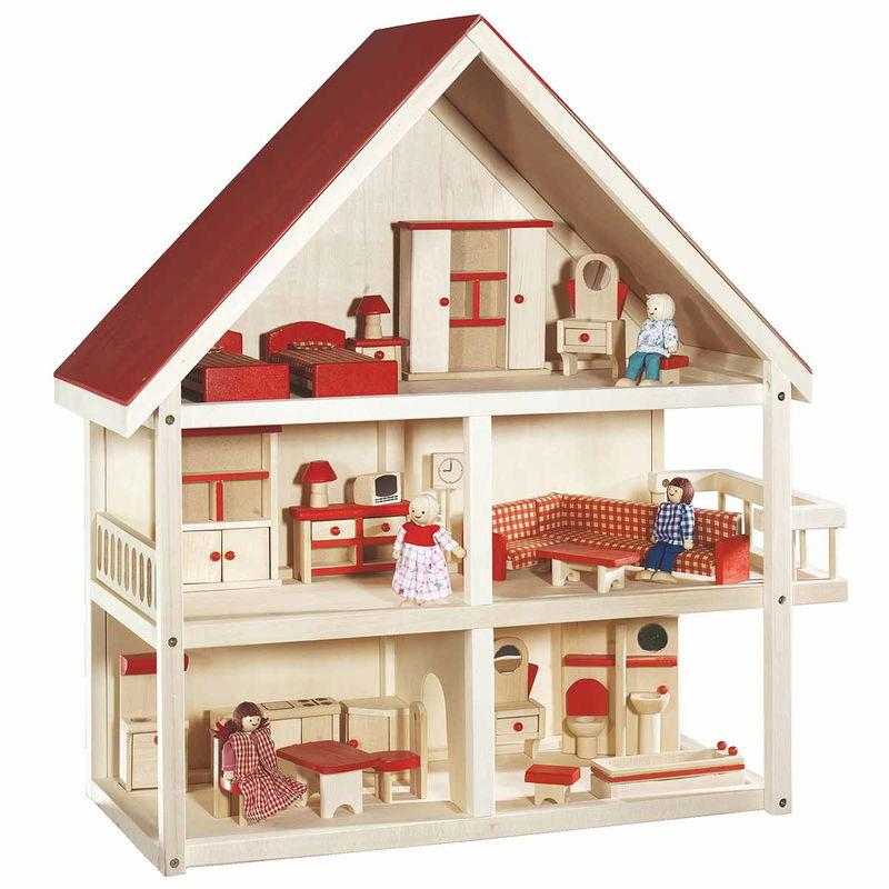 babyonlineshop Roba Puppenhaus natur/rot inkl. Möbel und Puppen zum Toppreis