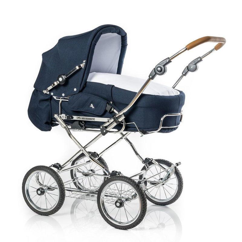 babyonlineshop HESBA Corrado Kinderwagen außen 501 innen 110 Räder schwarz SL 250 Ledergriff hellbraun