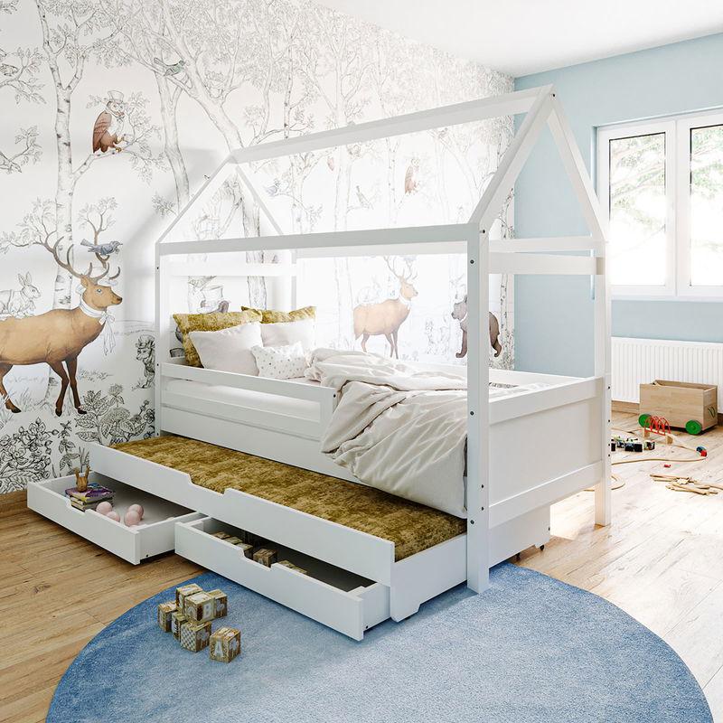 babyonlineshop Nature Kid Maya Hausbett mit Gästebett & Schubladen weiß 90 x 200 cm