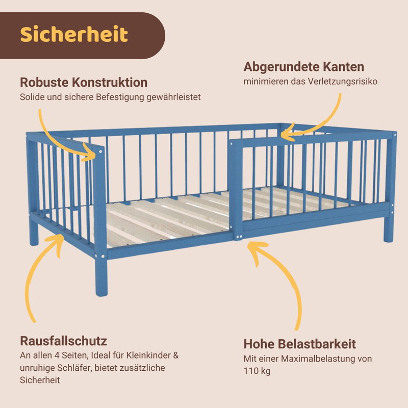 babyonlineshop Artkid Daniel Kinderbett montessori Bodenbett mit Rausfallschutz 90 x 160 cm blau Kiefer massiv Bestseller