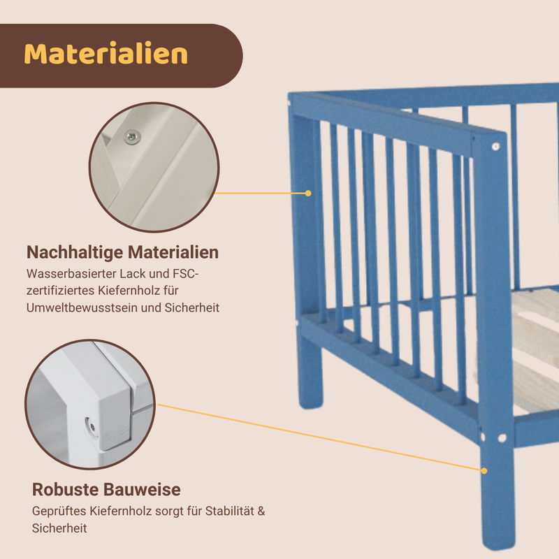 babyonlineshop Artkid Daniel Kinderbett montessori Bodenbett mit Rausfallschutz 90 x 160 cm blau Kiefer massiv Bestseller