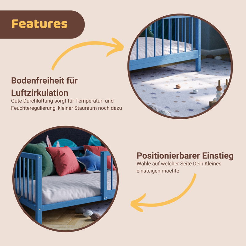 babyonlineshop Artkid Daniel Kinderbett montessori Bodenbett mit Rausfallschutz 90 x 160 cm blau Kiefer massiv Bestseller