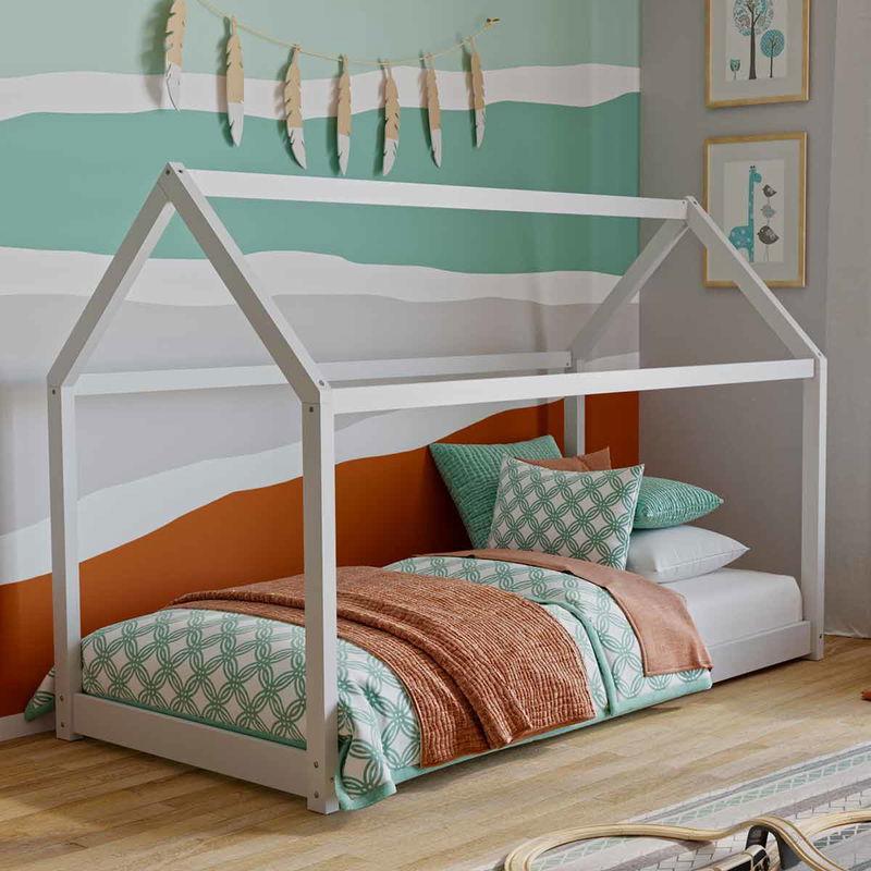 babyonlineshop Artkid Haley Weiß Montessori Hausbett Bodenbett 90x200 inkl. Lattenrost Kiefer
