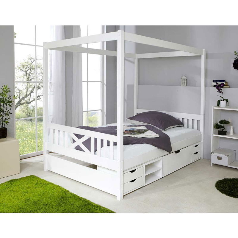babyonlineshop Ticaa Himmelbett Lino Kiefer Weiß - Regalelement Massivholz - 140 x 200 cm