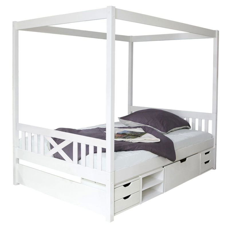babyonlineshop Ticaa Himmelbett Lino Kiefer Weiß - Regalelement Massivholz - 140 x 200 cm Outlet