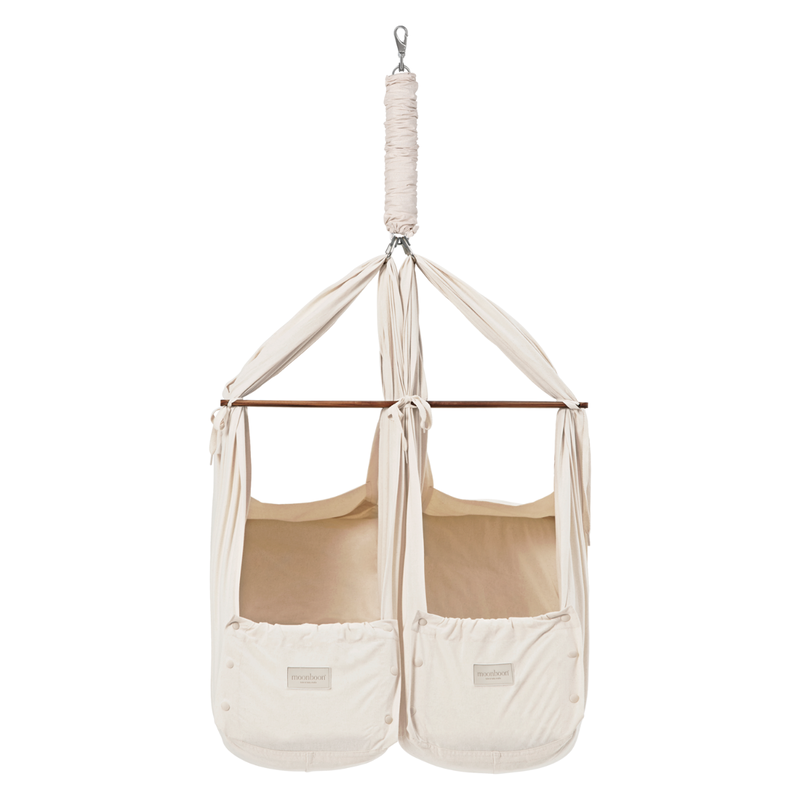 babyonlineshop Moonboon Ökologische Zwillings-Federwiegen-Bundle Nature mit Motor Original Gestell weiß Kostenloser Versand international