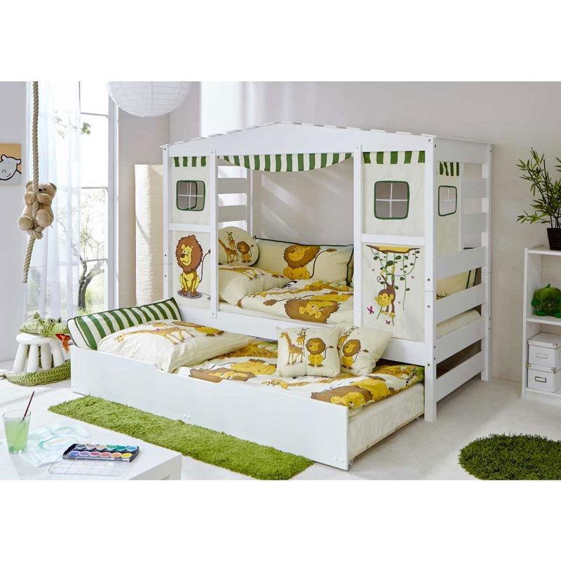 babyonlineshop Ticaa Hausbett Safari Kiefer Weiß inkl. Bettkasten Massivholz - Dessin: Safari