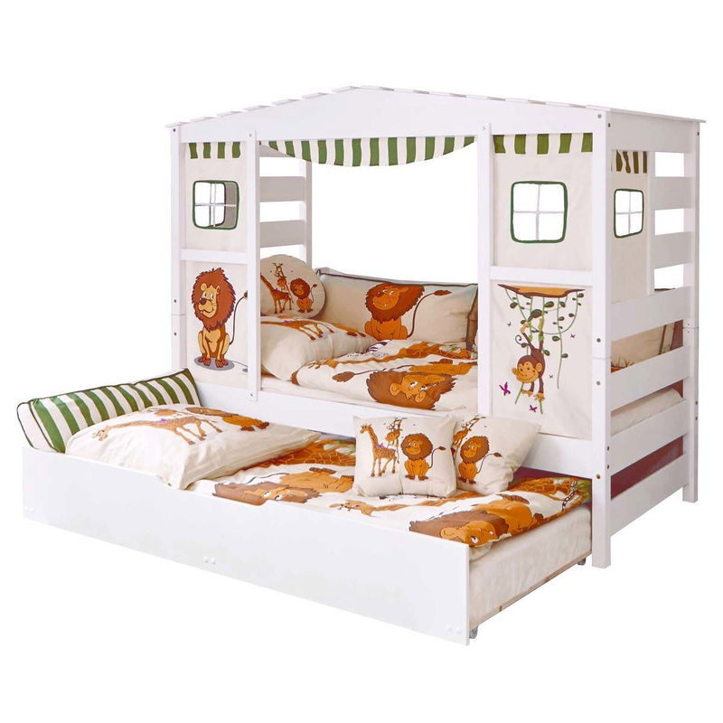 babyonlineshop Ticaa Hausbett Safari Kiefer Weiß inkl. Bettkasten Massivholz - Dessin: Safari Online