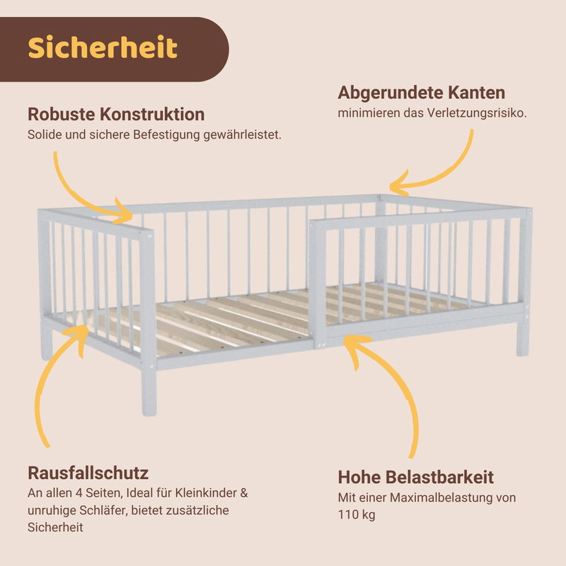 babyonlineshop Artkid Daniel Kinderbett 90 x 160 cm montessori Bodenbett mit Rausfallschutz weiß Kiefer massiv im Angebot