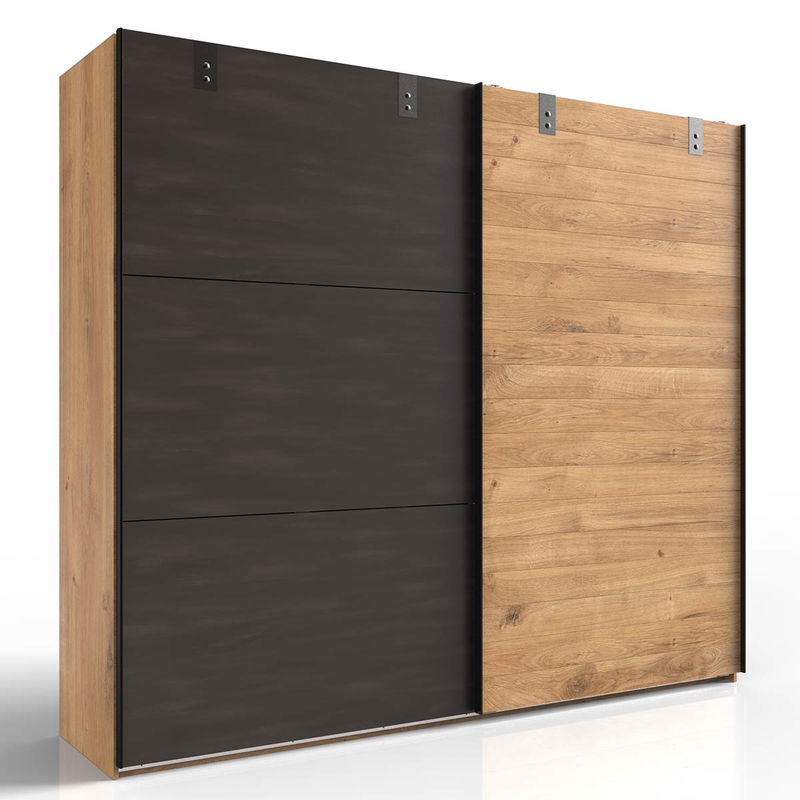 babyonlineshop Wimex Detroit Schwebetürenschrank 250 cm Plankeneiche Dekor/Raw steel