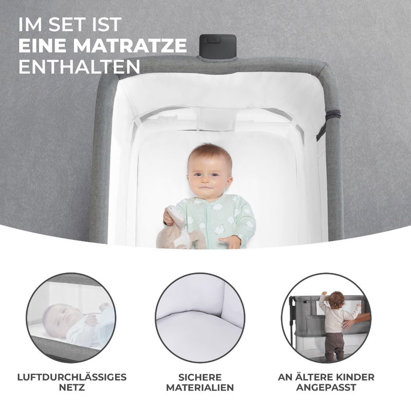 babyonlineshop Kinderkraft Beistellbett NESTE GROW grey melange 2025