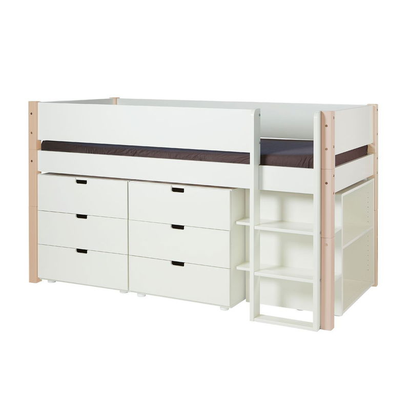 babyonlineshop Manis-h Halbhohes Bett ARN 90x200 cm Pfosten Buche inkl. Kommoden & Regal - 22 Farben wählbar ( Farbe Bett: Snow White / -11 mit Absturzsicherung NORMAL 10400-Farbe Snow White / -11 Snow White / -11)