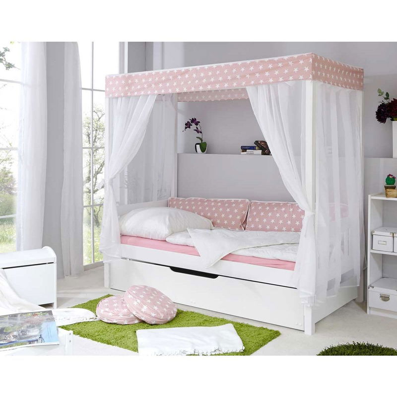 babyonlineshop Ticaa Himmelbett Stern Rosa Kiefer Weiß inkl. Bettkasten & Tüll-Textilien - 90 x 200 cm Fabrik Onlineshop