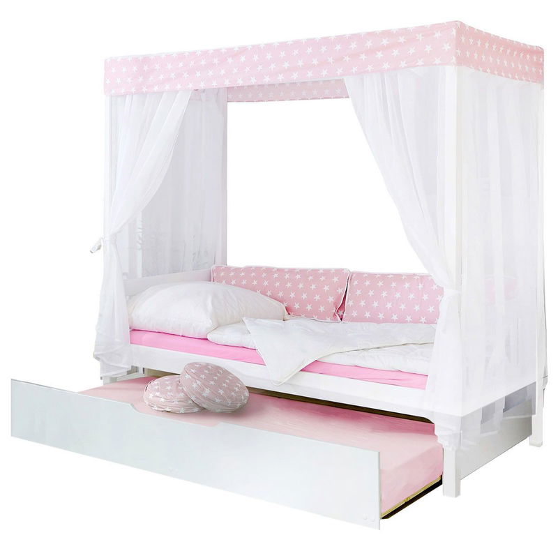 babyonlineshop Ticaa Himmelbett Stern Rosa Kiefer Weiß inkl. Bettkasten & Tüll-Textilien - 90 x 200 cm Fabrik Onlineshop