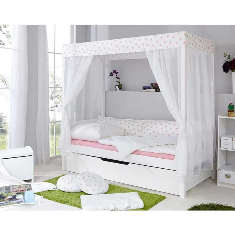 babyonlineshop Ticaa Himmelbett Stern Weiß-Rosa Kiefer Weiß inkl. Bettkasten & Tüll-Textilien - 90 x 200 cm Fabrikpreis