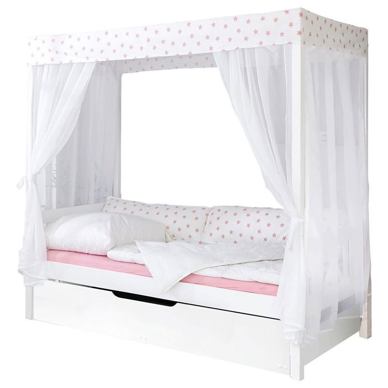 babyonlineshop Ticaa Himmelbett Stern Weiß-Rosa Kiefer Weiß inkl. Bettkasten & Tüll-Textilien - 90 x 200 cm Fabrikpreis