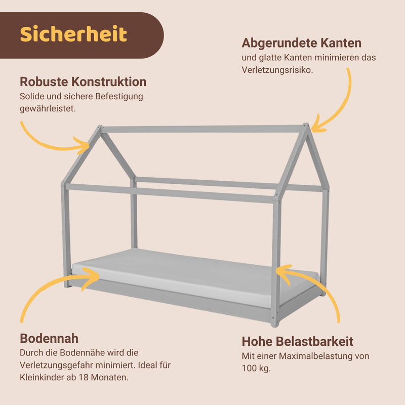 babyonlineshop Artkid Haley Grau Montessori Hausbett Bodenbett 90x200 inkl. Lattenrost massive Kiefer JETZT KAUFEN