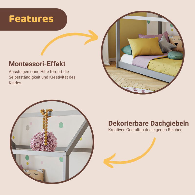 babyonlineshop Artkid Haley Grau Montessori Hausbett Bodenbett 90x200 inkl. Lattenrost massive Kiefer JETZT KAUFEN